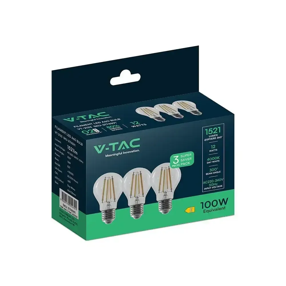 Anteprima Box 3 Lampadine LED 12W E27 Filamento 6500K V-TAC