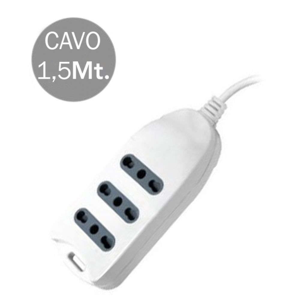 Anteprima V-TAC Multipresa con Cavo 1,5m e 3x Prese Bipasso 10/16A, Spina 16A Colore Bianco